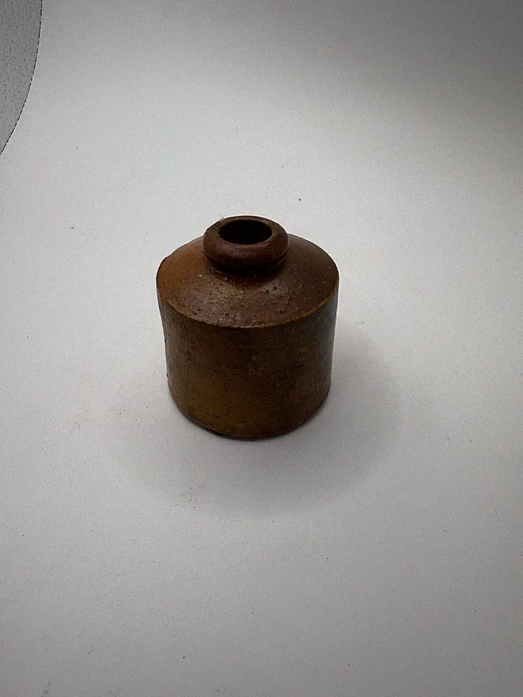 Antique Stoneware Ink Bottle – Rustic Brown Glaze, 19th Century Pottery Inkwell