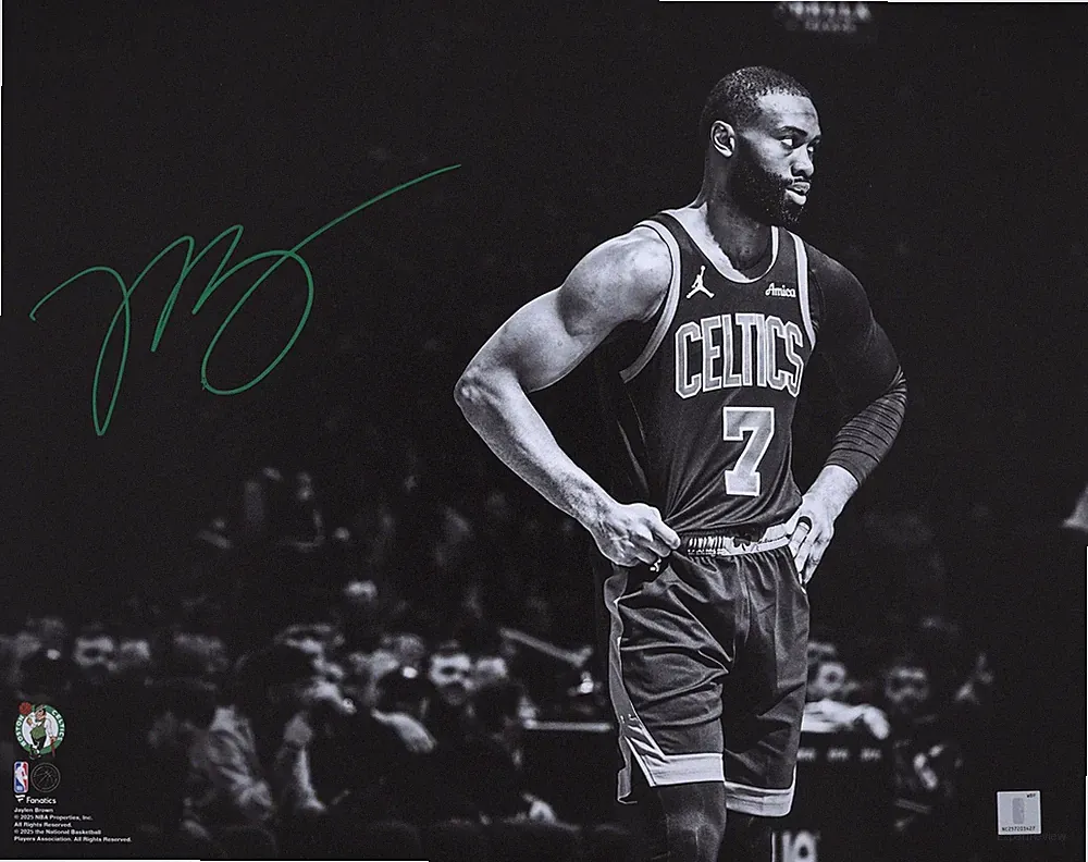 Jaylen Brown Boston Celtics Signed Black & White with Green Ink 16" x 20" Photo