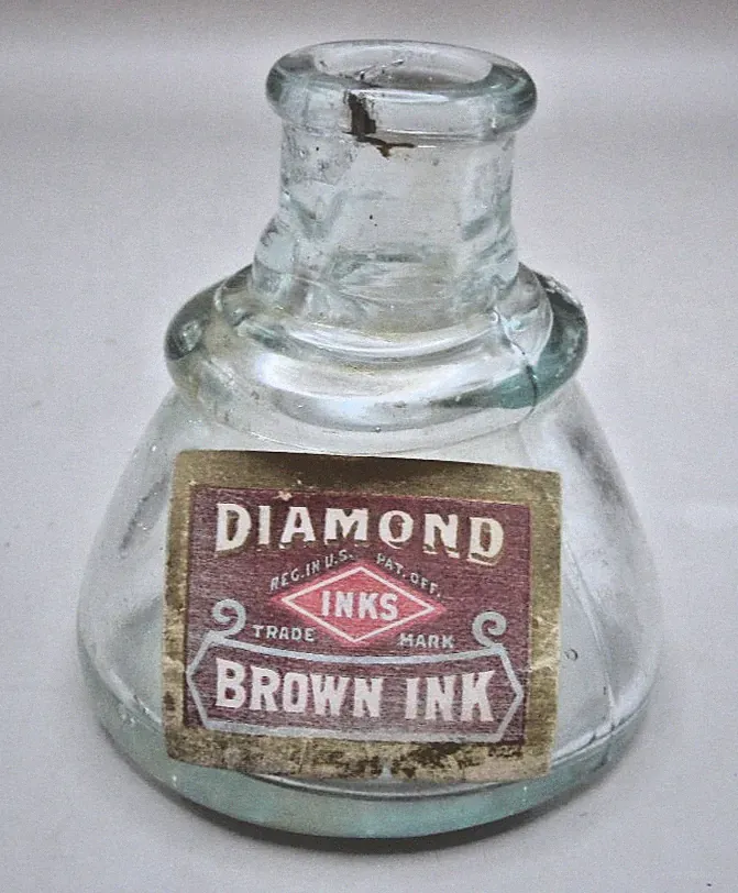 Vintage Diamond Ink Co. Brown Ink, Greenish/Clear Bottle with Original Label